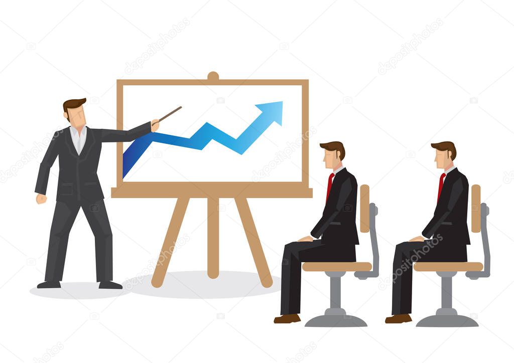 Businessman talking with his coworkers about a rising graph. Con