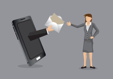 İş kadını E- posta Cep Telefonu Çizgi Filmi Vektörü Illustr 'i Aldı