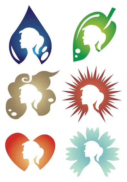 Woman Silhouette on Symbolic Elements Vector Icon Set — Stock Vector