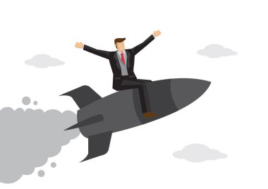 İş adamı gökyüzü arka planında bir roketin üstünde uçuyor. İçerik