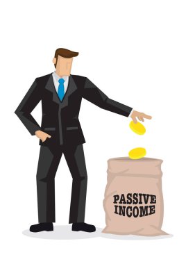 Takım elbiseli bir işadamı bir çanta etiketine para bırakıyor.