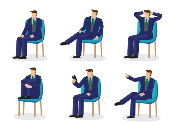 Conjunto de personajes de negocios en seis posiciones sentadas . — Archivo Imágenes Vectoriales
