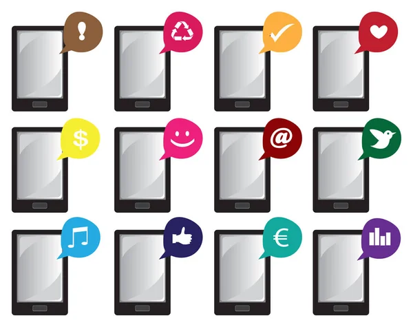 Iconos de vectores de teléfonos inteligentes con símbolos de Internet en las burbujas del habla — Vector de stock