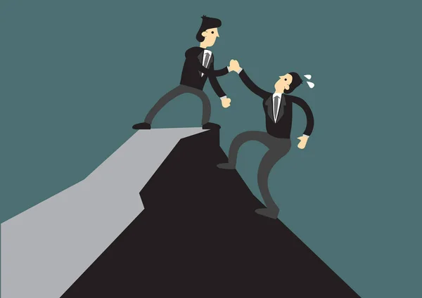 Бізнесмен допомагає іншому піднятися на вершину скелі. Бусі — стоковий вектор