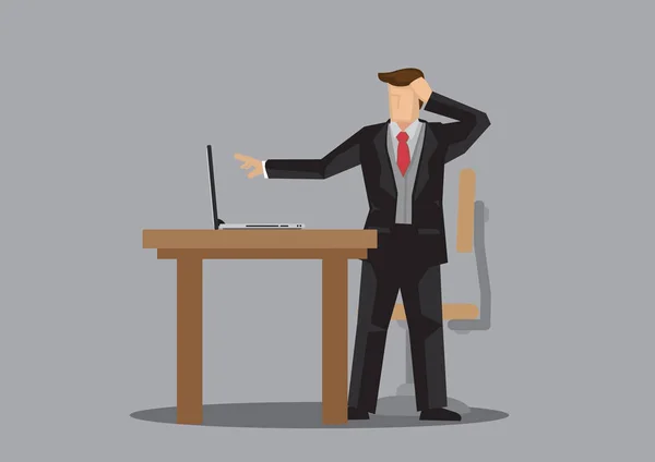 Homme d'affaires en costume s'inquiéter de l'erreur dans son ordinateur à salut — Image vectorielle
