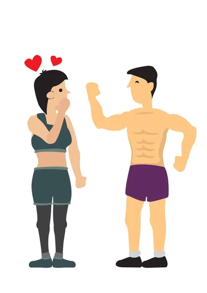 Strong fit man admired by a sexy woman. Concept of flirting and — 图库矢量图片