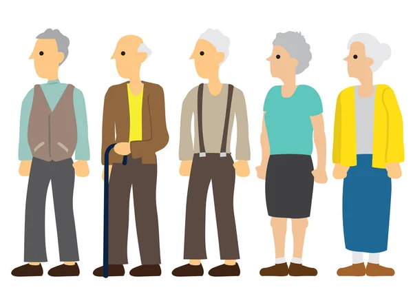 Gruppo Anziani Uomini Donne Abiti Diversi Illustrazione Vettoriale Isolata Piatta — Vettoriale Stock