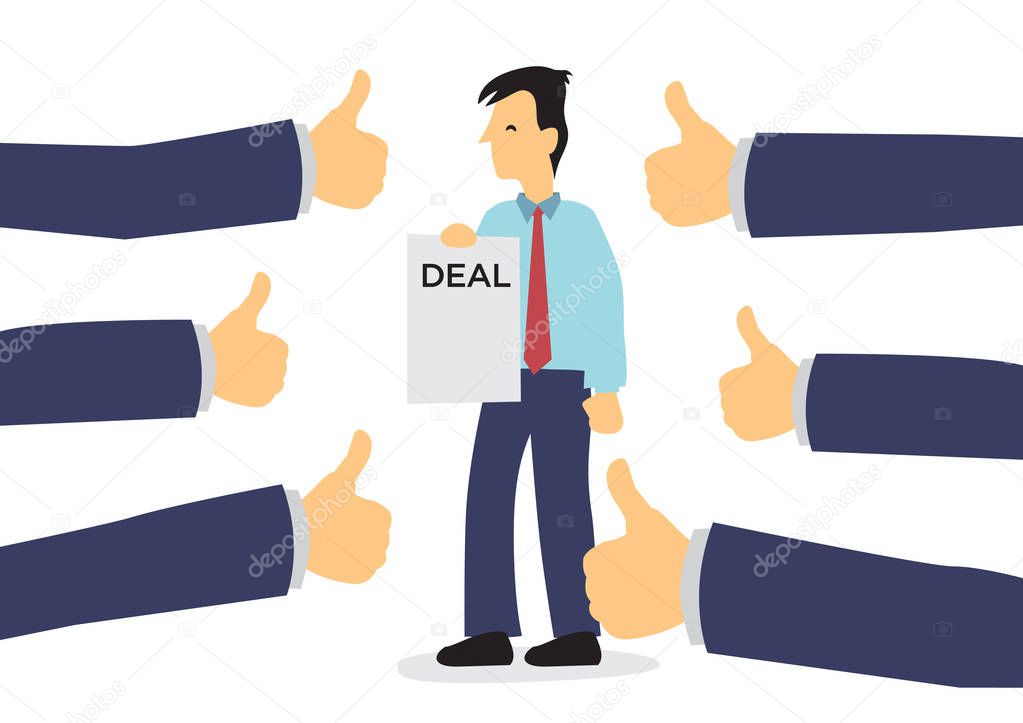 Businessman getting praises for his achievement in getting a deal for his company. Concept of hardwork, recognition or appreciation. Flat isolated vector illustration. 
