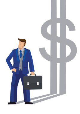 Dolar sembolü gölgesi olan bir iş adamı. Para anlayışı ve finansal odaklanma kavramı. Düz vektör karikatür çizimi.