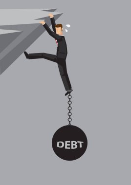 İş adamı kayalıklarda tehlikeli bir şekilde asılı duruyor ve ayaklarına zincirli bir borç sözcüğüyle metal top ve zincirle aşağı iniyor. Borç kavramının ağırlığı üzerine vektör illüstrasyonu.