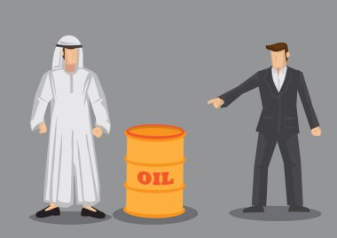 Çizgi film işçisi, petrol varilini işaret ederek Arap 'a satış yapmak istediğini gösteriyor. Petrol endüstrisi ile ilgili vektör iş illüstrasyonu.