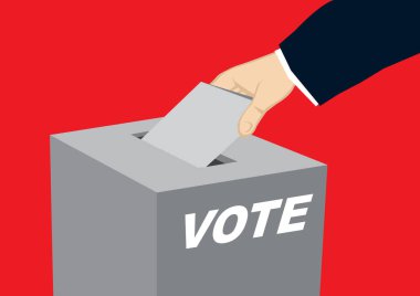 Seçim sandığının içine düşen oy pusulası kağıtları. Oy verme kavramı. İzole vektör illüstrasyonu.