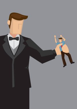 Büyük zengin adam, küçük orta sınıf adamı sıkıştırıyor. Sıkıştırılmış mecazın gri arkaplanda izole edilmesi üzerine yaratıcı vektör çizimi.