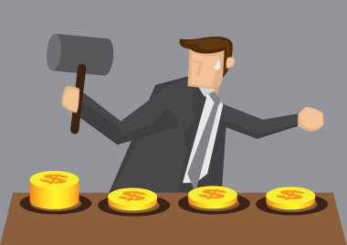 İş adamı elinde bir çekiç tutuyor oyun makinesinin deliğinden fırlayan parayı vurmaya çalışıyor, iş konsepti için vektör çizimi ve gri arka planda izole edilmiş metafor.