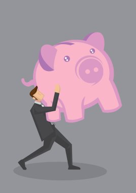Çizgi film işadamı büyük pembe bir kumbara taşıyor ve yürüyor. Tasarruf ve mali konsept üzerine yaratıcı vektör çizimi gri arka planda izole edildi.