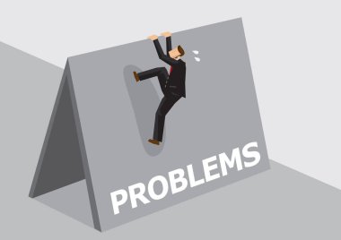 Cartoon businessman trying to climb over high wall with text Problems. Vector illustration on overcoming challenging problems and adversity in business concept isolated on plain background. clipart