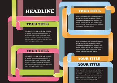 Siyah arkaplanda renkli kurdelenin vektör çizimi. Kopyalama alanı için beş dikdörtgen.