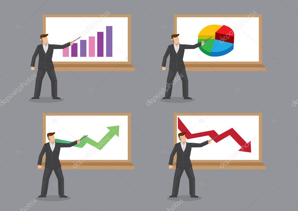 Set of four vector illustrations with businessman standing in front of chart for business presentation isolated on grey background. 