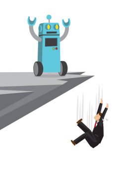 Robot ofis çalışanını uçurumdan atarak ele geçirdi. Yapay zekanın gelecekteki iş piyasasını ele geçirdiğini gösteriyor. Vektör illüstrasyonu