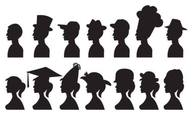 Farklı şapkalı ve başlıklı insanların vektör çizimi. İzole edilmiş siyah siluet.