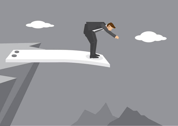 Cartoon man getting ready to jump from spring board at the edge of mountain cliff. Creative vector illustration on business concept using wordplay. 
