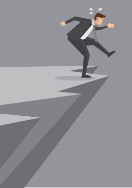 Cartoon businessman on the verge of falling off a dangerous cliff. Creative vector illustration for concept related to danger and business risk clipart