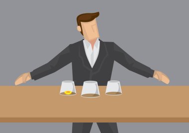 Vektör illüstrasyoncu adam masanın arkasında üç ters cam bardakla duruyor ve birinde de bozuk para var.. 