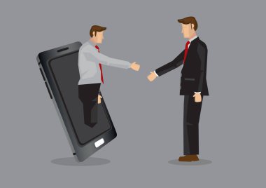 Çizgi film işadamı iş tokalaşması için cep telefonundan çıkıyor. İş ağı konsepti oluşturmak için modern teknolojinin kullanılması üzerine yaratıcı vektör çizimi.