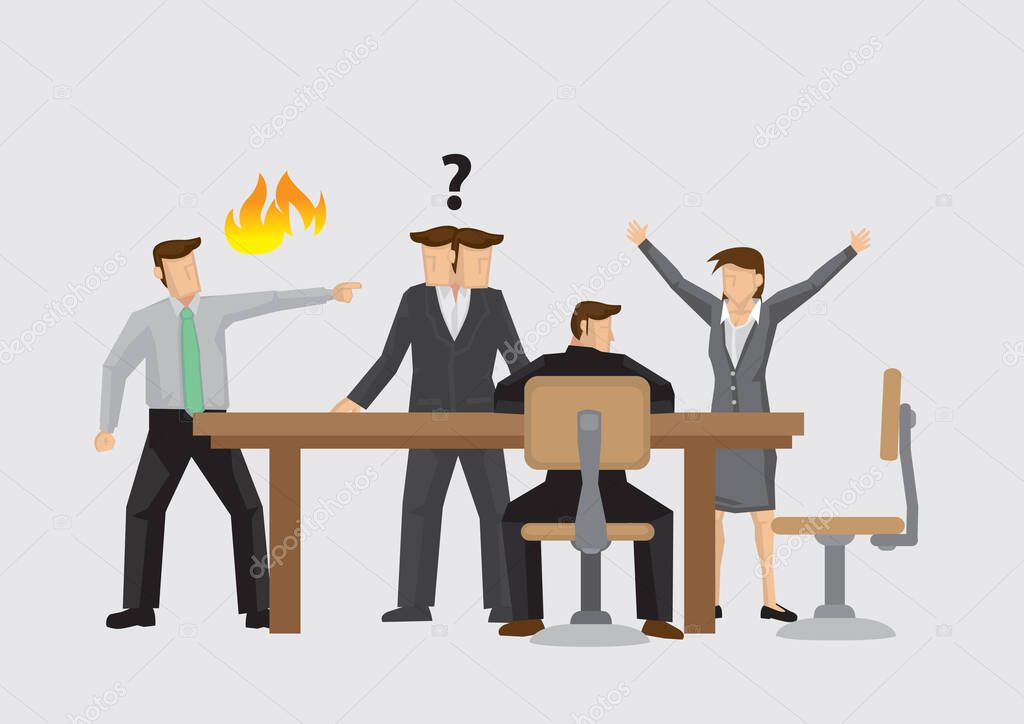 Vector illustration on different behaviors of business people during heated conflict in meeting. Concept for managing conflict at work.