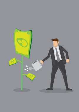 İşadamı sulama tesisi dolar yetiştiriyor. Gri arkaplanda izole edilmiş parasal konsept üzerine yaratıcı çizgi film vektör çizimi.