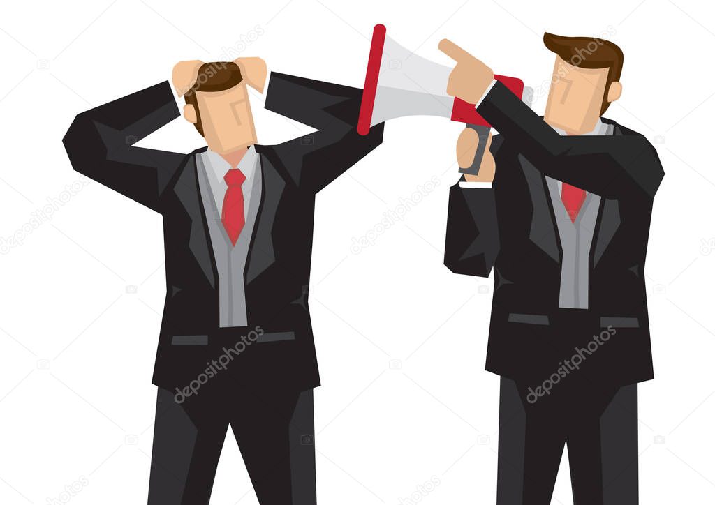 Businessman scolding another businessman with a megaphone. Concept of office politics or competition. Flat isolated vector illustration.