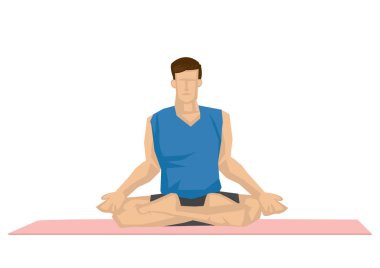 Lotus pozuyla yoga yapan güçlü bir adamın tasviri. Yoga sakinliği, rahatlama ve sağIık kavramı. Vektör illüstrasyonu.