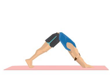 Güçlü bir adamın dağ pozuyla yoga yaptığı bir resim. Yoga sakinliği, rahatlama ve sağIık kavramı. Vektör illüstrasyonu.