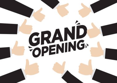 Büyük açılış mesajı, bir sürü iş başparmağı havada. Poster, broşür ya da internet satışı için tasarım. Vektör illüstrasyonu