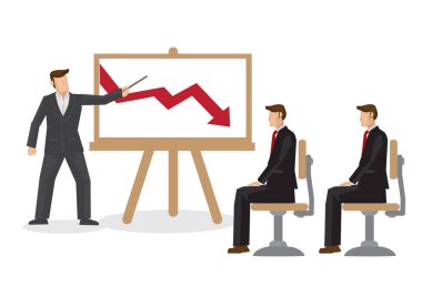 İşadamı iş arkadaşlarıyla satışlardaki düşüş hakkında konuşuyor. Şirket kavramı kayboldu. Düz izole vektör çizimi.