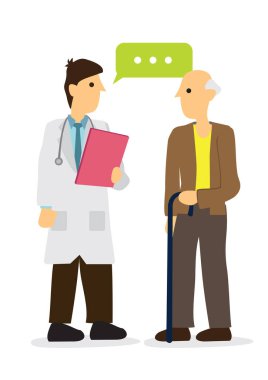 Doktor, eski hasta ya da hasta akrabasıyla hastanede konuşuyor. Sağlık sistemi ya da tıp mesleği kavramı. Düz izole vektör illüstrasyonu.
