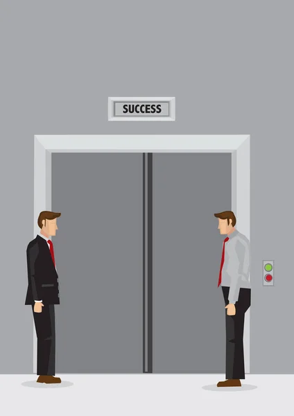 Två Tecknade Män Står Passivt Hissen Lobbyn Och Väntar Dörrar — Stock vektor