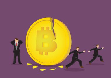 Bitcoin 'in, iş adamlarının kaçışıyla kırıldığının bir tasviri. Çökme kavramı kripto para endüstrisi.