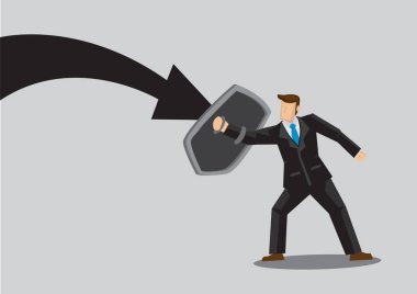 İş konsepti illüstrasyonunda elinde kalkan tutan bir iş adamı kendini tehlikeden korur. Finans dünyasının tehlikelerinden korunma kavramı.