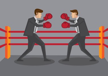 Boks eldiveni giyen iki işletme yöneticisi boks ringinde kavga ediyor. İş konsepti için yaratıcı çizgi film vektör çizimi.