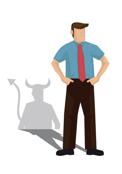 悪魔の影を持つビジネスマン 偽物と裏切りの概念 ベクトル漫画イラスト — ストックベクタ