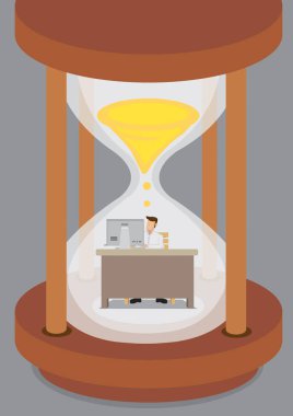 Büyük bir kum saati içinde bilgisayarın önünde çalışan küçük bir iş adamı. İş kavramı için son teslim tarihi için yaratıcı vektör illüstrasyonuName.