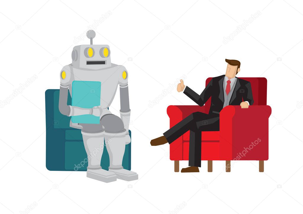 Boss praises robot for doing a good job. Depicts artificial intelligence and automation taken over future job. Isolated vector cartoon illustration.