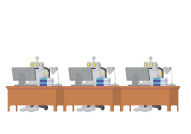 Robot verimliliği artırmak için işleri devraldı. Otomasyon, gelecekteki iş piyasası ve yapay zeka. İzole vektör karikatür çizimi.