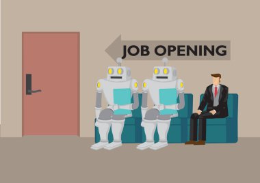 Robotlar ve insanlar iş açılışına gidiyorlar. Gelecekteki iş piyasasını ve yapay zekayı gösteriyor. İnsan Robota Karşı kavramı. İzole vektör karikatür çizimi.