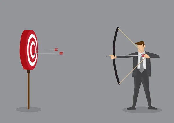 Cartoon businessman with bow and arrow hitting the center bullseye in archery target. Conceptual vector illustration isolated on grey background.