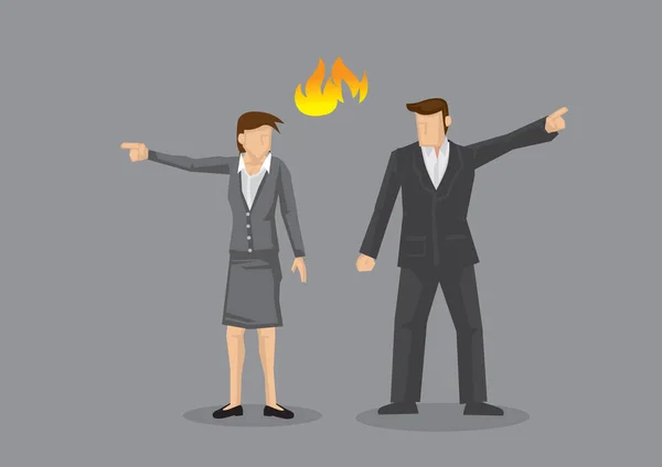 Bizneswoman Biznesmen Wskazując Przeciwnym Kierunku Symbolem Ognia Między Nimi Ilustracja — Wektor stockowy