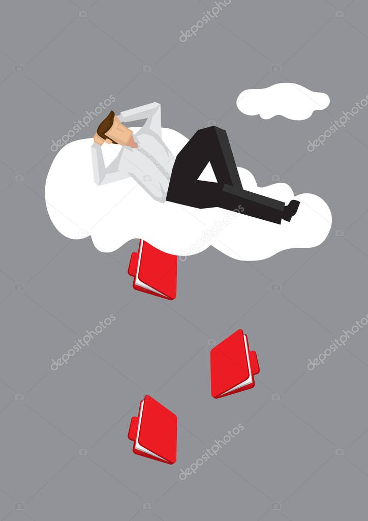 Cartoon lying on cloud in a relax manner unaware of document files coming out from cloud. Creative vector illustration on metaphor for information leakage over cloud technology.