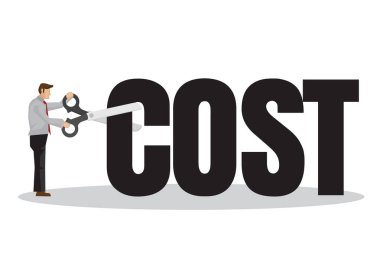 Dev bir makasla maliyet bloğunu kesen bir iş adamı. Maliyet azaltma ya da bütçe yönetimi kavramı. Düz vektör illüstrasyonu.