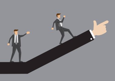 Profesyonel iş adamı tavsiye edildiği gibi geliyor. Gri arka planda izole edilmiş iş konsepti için yaratıcı vektör çizimi.